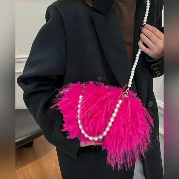 NWT Hot Pink Super Fluffy Faux Fur Double Pearl Chain Cross Body Clutch Handbag - Picture 5 of 11